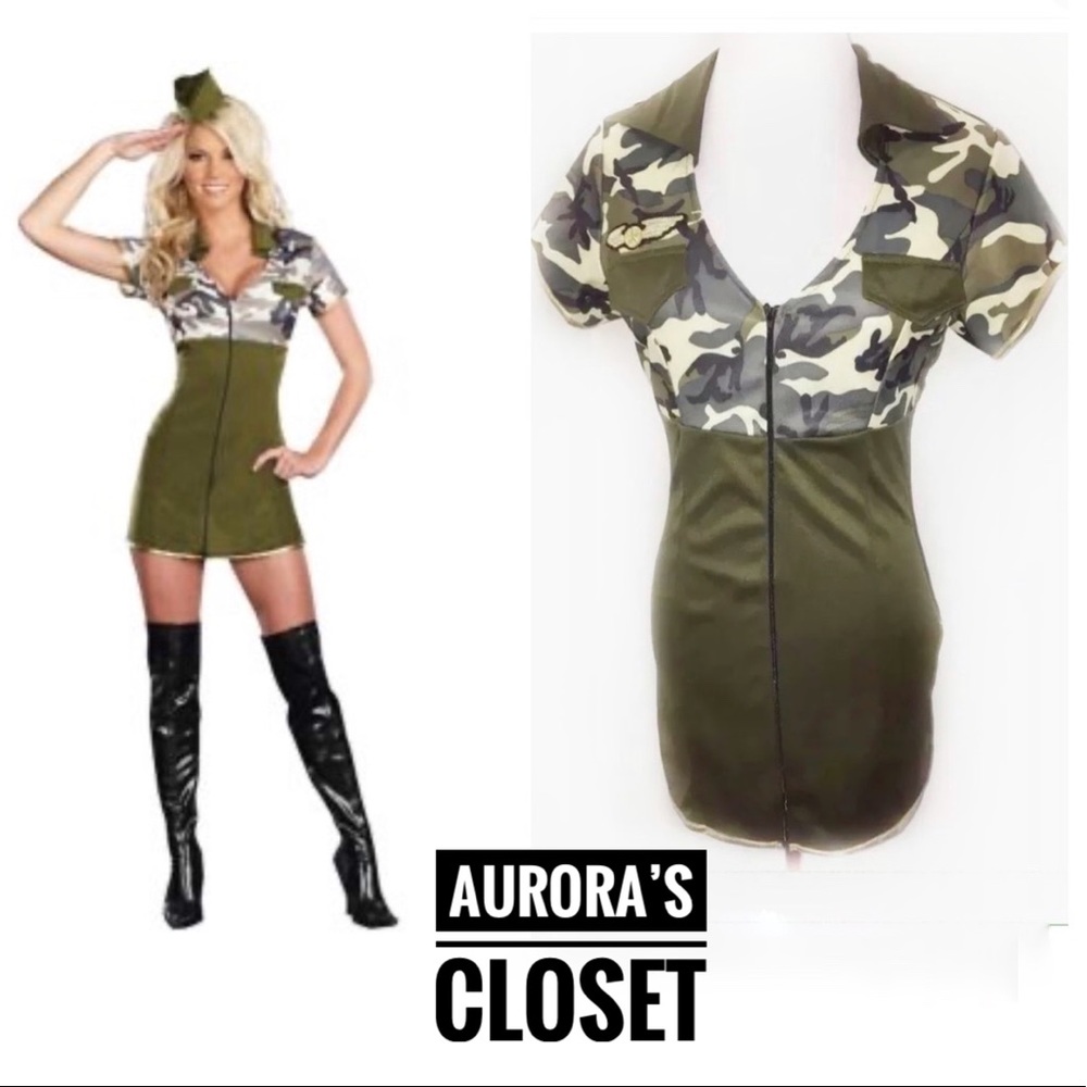Spirit Halloween Small Sexy Army Dress Costume Camo Stretch Green Gold